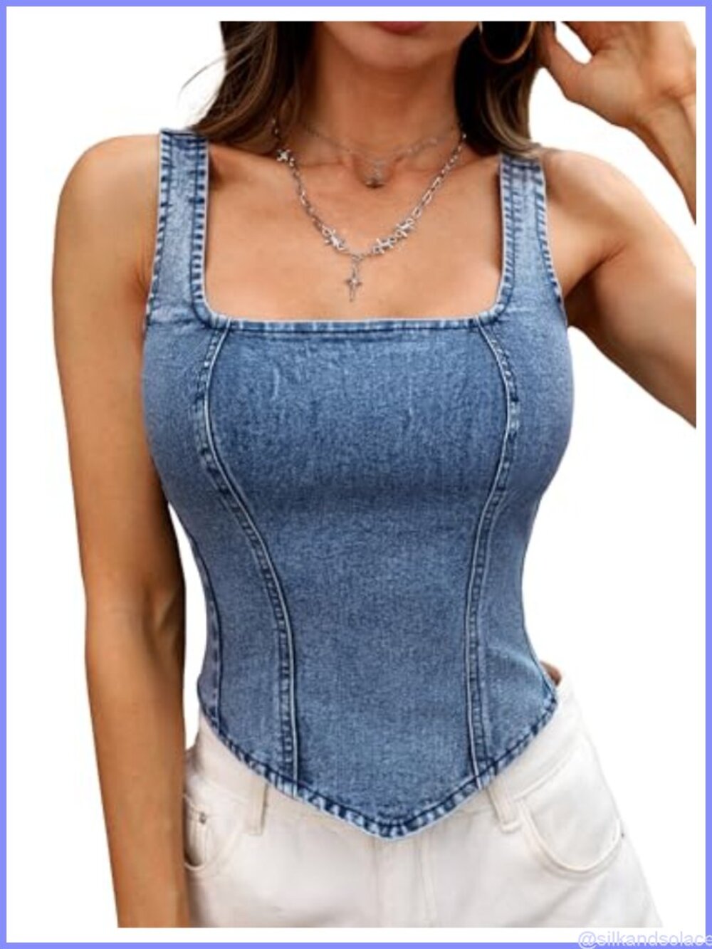 Denim Corset Tank Top High Stretch Sleeveless Back Zip Square Neck